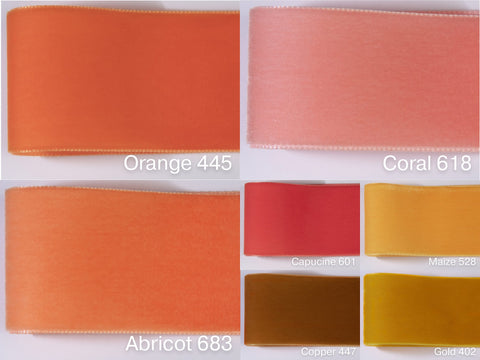 Nastro di velluto nei colori arancio, albicocca, corallo e 72. 4 larghezze in qualità svizzera per sartoria, artigianato, decorazione.