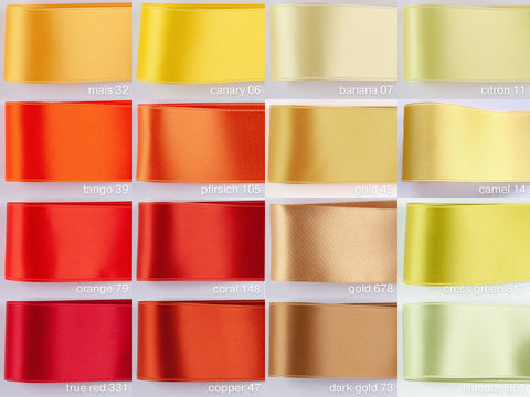 Satinband in Gelb. 100 Farben zum Schneidern, Basteln, Dekorieren und Kränze binden. Schweizer Qualität in den Breiten: 3 mm bis 5 cm