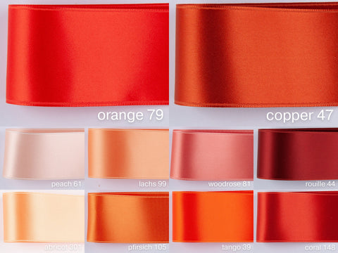 Satin ribbon orange in swiss quality and 100 colors. For tailoring, crafts, deco, gifts, wreaths, floristry, DIY. Width: 2.5 cm, 4 cm, 5 cm