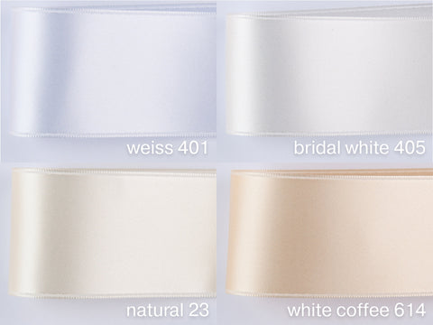 Satinband in Weiß, Creme, Ivory. 100 Farben, Breiten: 3 mm bis 5 cm. Schweizer Qualität zum Nähen, für Deko, Hochzeit, Kommunion, Floristik.