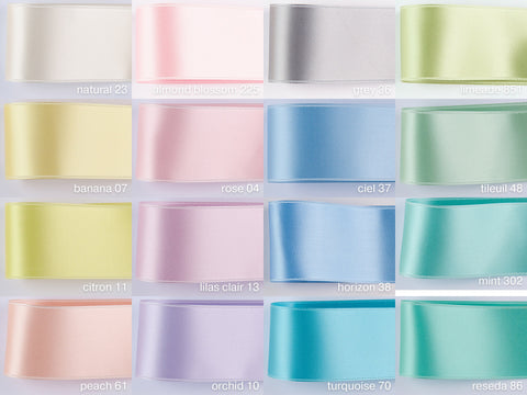 Satinband Pastell, Breiten: 3 mm bis 50 mm. Für Schmuck, Deko, Floristik, Haarbänder, Schneiderei. Schweizer Qualität, 100 Farben, Ökotex 100