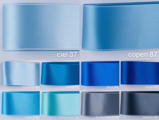 Satinband Hellblau, Blau, Babyblau in den Breiten 25, 40, 50 mm. Für Taufe, Schneidern, Basteln, Dekorieren. Schweizer Qualität, 100 Farben.
