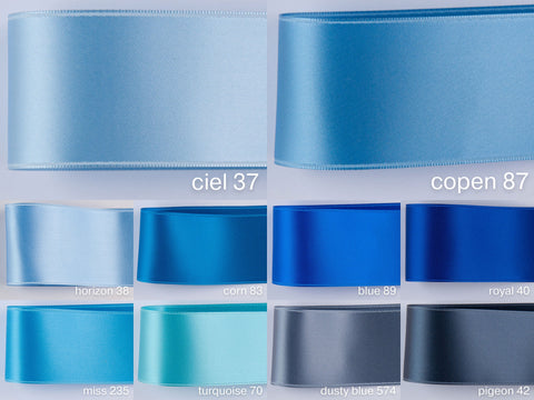 Satin ribbon light blue, baby blue. Widths 1, 1.6 and 2 inch. For baptism, sewing, decoration, wreaths, crafts. Swiss quality in 100 colors!