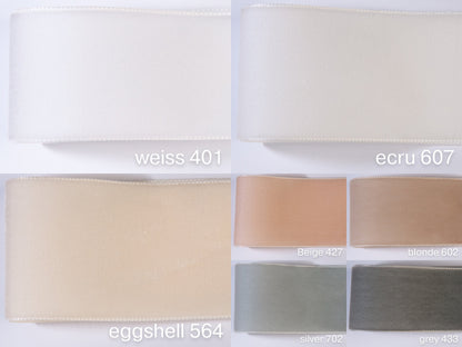 Swiss quality velvet ribbon. 7 shades of white with delicately shimmering color depth in 7 widths. Free of harmful substances.