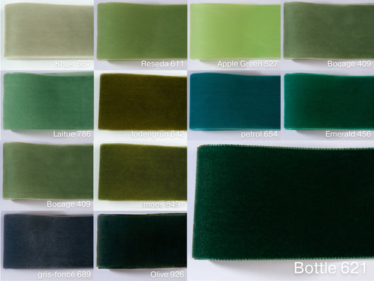 Ruban velours vert foncé et 72 autres couleurs et 4 largeurs. Marchandise au mètre de qualité suisse pour la couture, la décoration, Pâques
