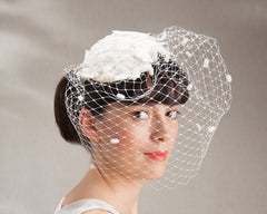 BIRDCAGE - BRIDAL FASCINATOR WITH NOBLE LACE AND A CLOUDY VEIL WITH CHENILLE DOTS © Seegang Berlin