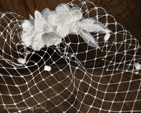 BIRDCAGE - BRIDAL VEIL HEADDRESS WITH AIRY DRAPED LACE FLOWERS © Seegang Berlin
