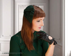 FASCINATOR - DROP SHAPE HEADDRESS WITH DRAPED WITH VELVET RIBBON IN DARK GREEN © Seegang Berlin