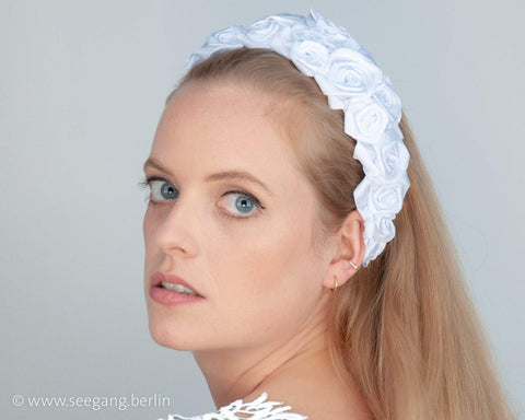 HAIR CIRCLET - BRIDAL HEADBAND FROM MANY HAND SEWN ROSES IN WHITE COLOR © Seegang Berlin