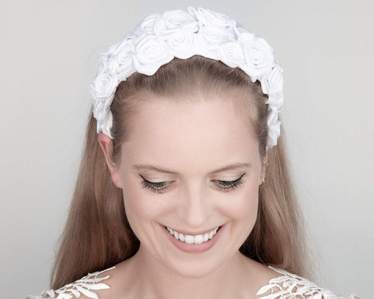 HAIR CIRCLET - BRIDAL HEADBAND FROM MANY HAND SEWN ROSES IN WHITE COLOR © Seegang Berlin